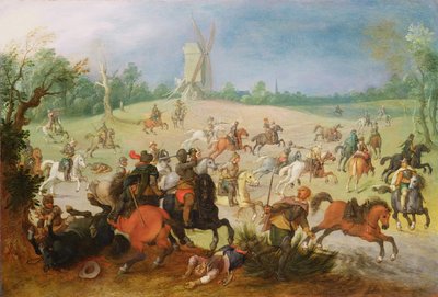 A cavalry battle in a wooded valley before a windmill by Sebastian Vrancx